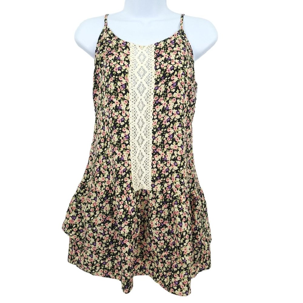Zinga Tiered Ruffled Mini Dress Womens Size S Floral Lace Spaghetti Straps